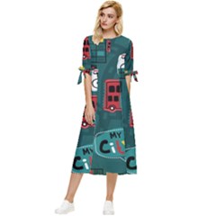 Seamless Pattern With Vehicles Building Road Bow Sleeve Chiffon Midi Dress by Cowasu