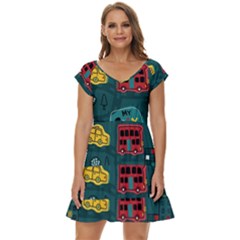 Seamless Pattern With Vehicles Building Road Short Sleeve Tiered Mini Dress by Cowasu