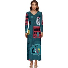 Seamless Pattern With Vehicles Building Road Long Sleeve Longline Maxi Dress by Cowasu