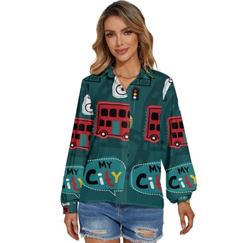 Seamless Pattern With Vehicles Building Road Women s Long Sleeve Button Up Shirt by Cowasu