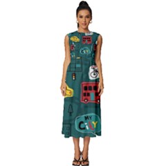 Seamless Pattern With Vehicles Building Road Sleeveless Round Neck Midi Dress by Cowasu