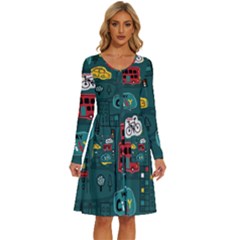 Seamless Pattern With Vehicles Building Road Long Sleeve Dress With Pocket by Cowasu