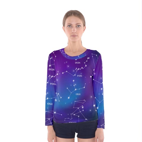 Realistic Night Sky With Constellations Women s Long Sleeve Tee by Cowasu