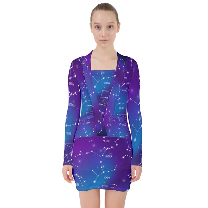 Realistic Night Sky With Constellations V-neck Bodycon Long Sleeve Dress