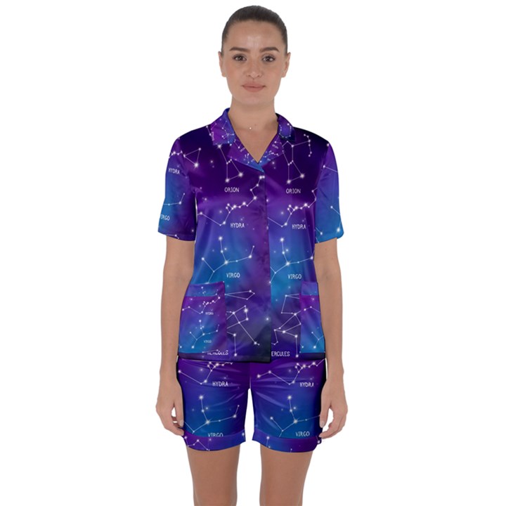 Realistic Night Sky With Constellations Satin Short Sleeve Pajamas Set