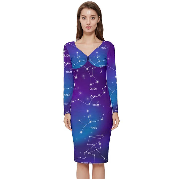 Realistic Night Sky With Constellations Long Sleeve V-Neck Bodycon Dress 