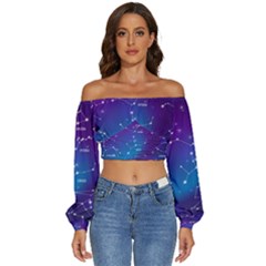 Realistic Night Sky With Constellations Long Sleeve Crinkled Weave Crop Top by Cowasu