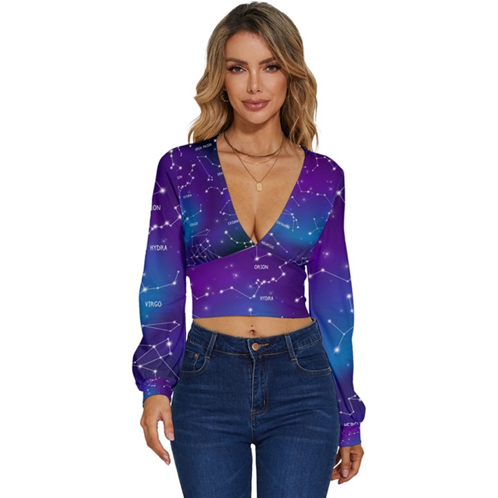 Realistic Night Sky With Constellations Long Sleeve Deep-V Velour Top