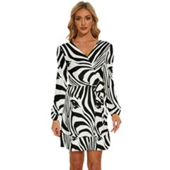 Animal Cute Pattern Art Zebra Long Sleeve Waist Tie Ruffle Velvet Dress by Amaryn4rt