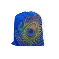 Blue Peacock Feather Drawstring Pouch (large)