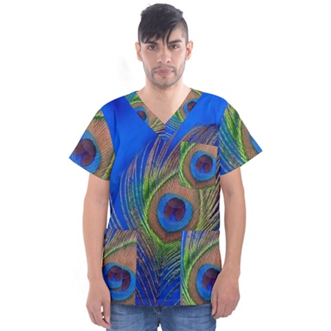 Blue Peacock Feather Men s V-neck Scrub Top by Amaryn4rt