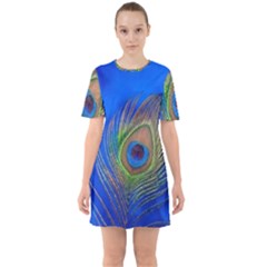 Blue Peacock Feather Sixties Short Sleeve Mini Dress by Amaryn4rt