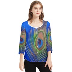 Blue Peacock Feather Chiffon Quarter Sleeve Blouse by Amaryn4rt