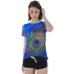 Blue Peacock Feather Short Sleeve Open Back Tee