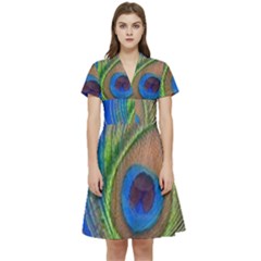 Blue Peacock Feather Short Sleeve Waist Detail Dress by Amaryn4rt