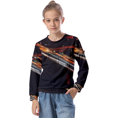 Highway Night Lighthouse Car Fast Kids  Long Sleeve Tee With Frill  by Amaryn4rt