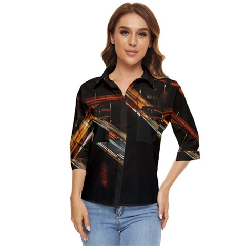 Highway Night Lighthouse Car Fast Women s Quarter Sleeve Pocket Shirt by Amaryn4rt