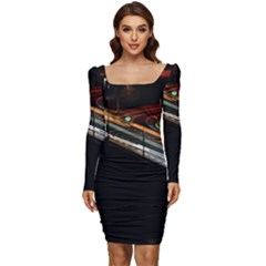 Highway Night Lighthouse Car Fast Women Long Sleeve Ruched Stretch Jersey Dress by Amaryn4rt