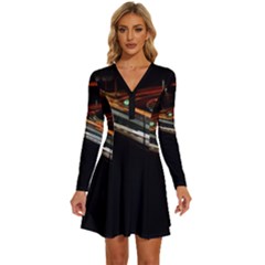 Highway Night Lighthouse Car Fast Long Sleeve Deep V Mini Dress  by Amaryn4rt