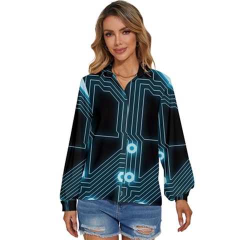 A Completely Seamless Background Design Circuitry Women s Long Sleeve Button Up Shirt by Amaryn4rt