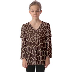 Giraffe Animal Print Skin Fur Kids  V Neck Casual Top by Amaryn4rt