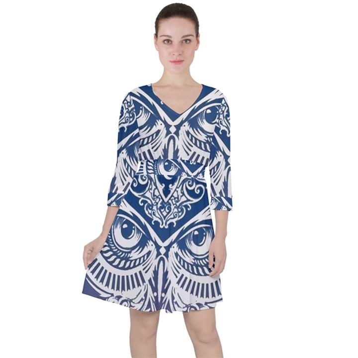 Owl Quarter Sleeve Ruffle Waist Dress