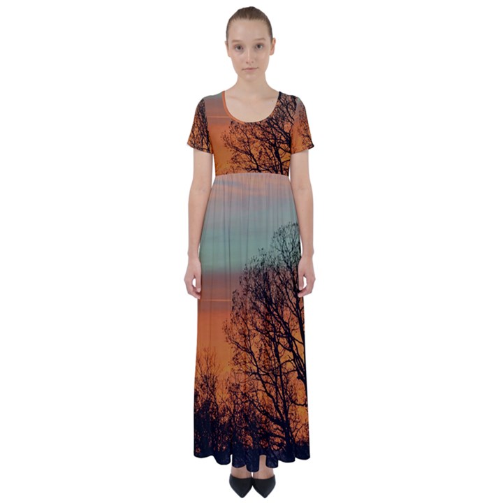 Twilight Sunset Sky Evening Clouds High Waist Short Sleeve Maxi Dress