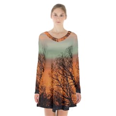 Twilight Sunset Sky Evening Clouds Long Sleeve Velvet V-neck Dress by Amaryn4rt