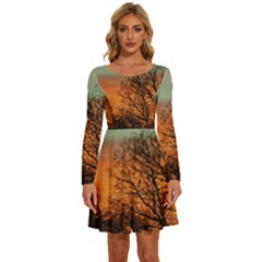 Twilight Sunset Sky Evening Clouds Long Sleeve Wide Neck Velvet Dress by Amaryn4rt