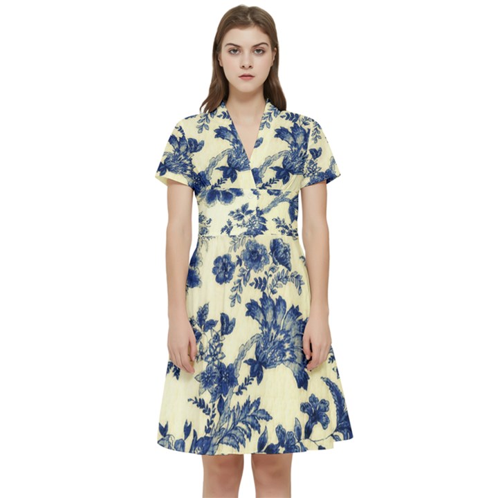 Vintage Blue Drawings On Fabric Short Sleeve Waist Detail Dress