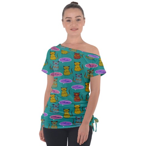 Meow Cat Pattern Off Shoulder Tie-up Tee by Amaryn4rt