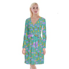 Meow Cat Pattern Long Sleeve Velvet Front Wrap Dress by Amaryn4rt