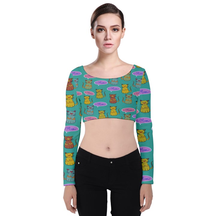 Meow Cat Pattern Velvet Long Sleeve Crop Top