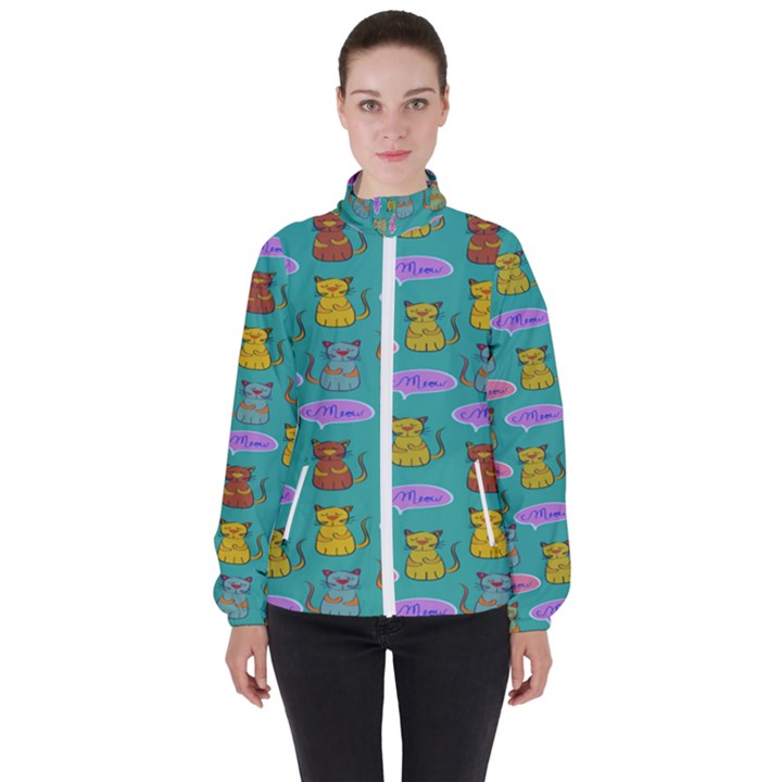 Meow Cat Pattern Women s High Neck Windbreaker