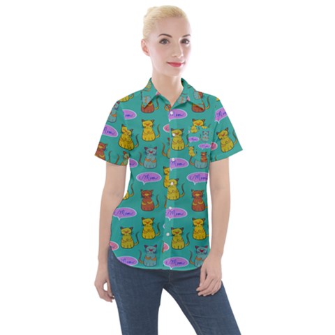 Meow Cat Pattern Women s Short Sleeve Pocket Shirt by Amaryn4rt