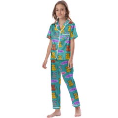 Meow Cat Pattern Kids  Satin Short Sleeve Pajamas Set by Amaryn4rt