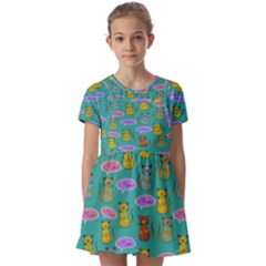 Meow Cat Pattern Kids  Short Sleeve Pinafore Style Dress by Amaryn4rt