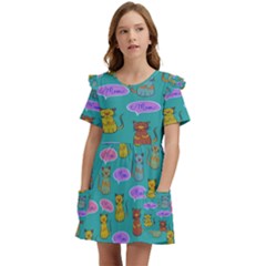 Meow Cat Pattern Kids  Frilly Sleeves Pocket Dress by Amaryn4rt