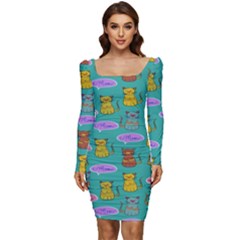 Meow Cat Pattern Women Long Sleeve Ruched Stretch Jersey Dress by Amaryn4rt