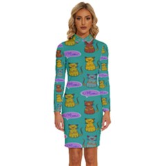 Meow Cat Pattern Long Sleeve Shirt Collar Bodycon Dress by Amaryn4rt