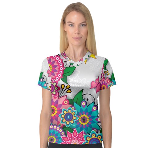 Flowers Pattern Vector Art V-neck Sport Mesh Tee by Amaryn4rt