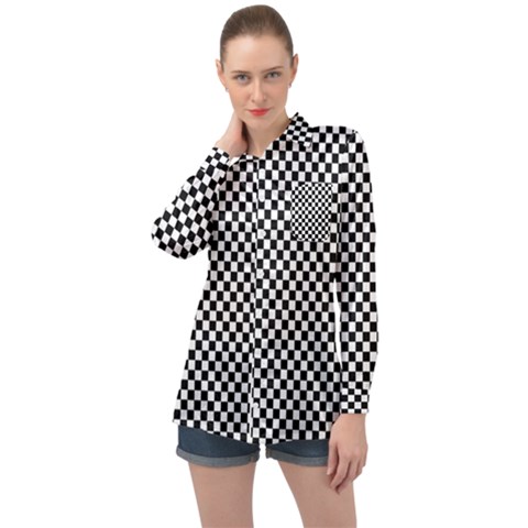 Black And White Checkerboard Background Board Checker Long Sleeve Satin Shirt by Amaryn4rt