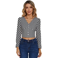 Black And White Checkerboard Background Board Checker Long Sleeve V-neck Top by Amaryn4rt