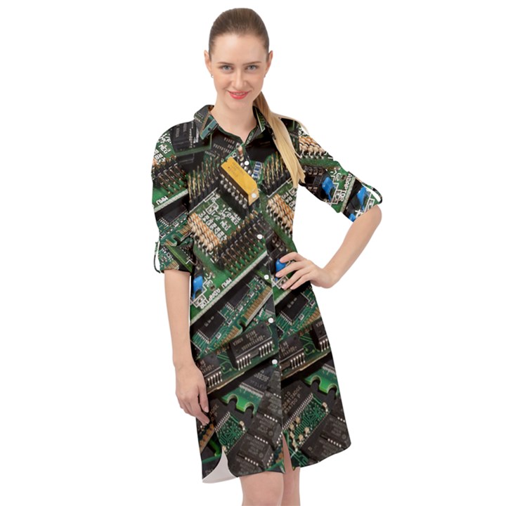 Computer Ram Tech - Long Sleeve Mini Shirt Dress