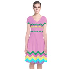 Easter Chevron Pattern Stripes Short Sleeve Front Wrap Dress by Amaryn4rt