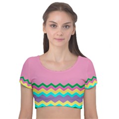 Easter Chevron Pattern Stripes Velvet Short Sleeve Crop Top  by Amaryn4rt