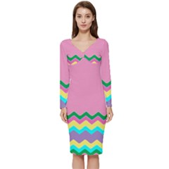 Easter Chevron Pattern Stripes Long Sleeve V-neck Bodycon Dress  by Amaryn4rt