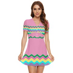 Easter Chevron Pattern Stripes V-neck High Waist Chiffon Mini Dress by Amaryn4rt