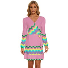 Easter Chevron Pattern Stripes Long Sleeve Waist Tie Ruffle Velvet Dress by Amaryn4rt