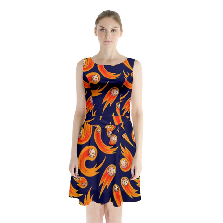 Space Patterns Pattern Sleeveless Waist Tie Chiffon Dress